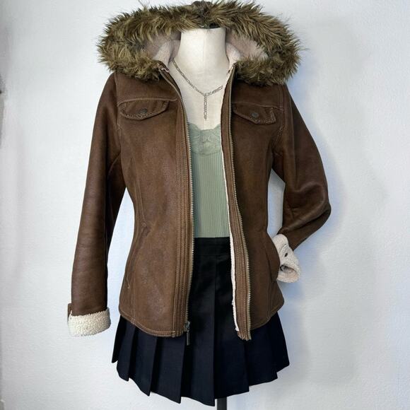 Ruff Hewn Jackets & Blazers - Y2K Faux Fur Trim Jacket Coat Brown Faux Suede 00s